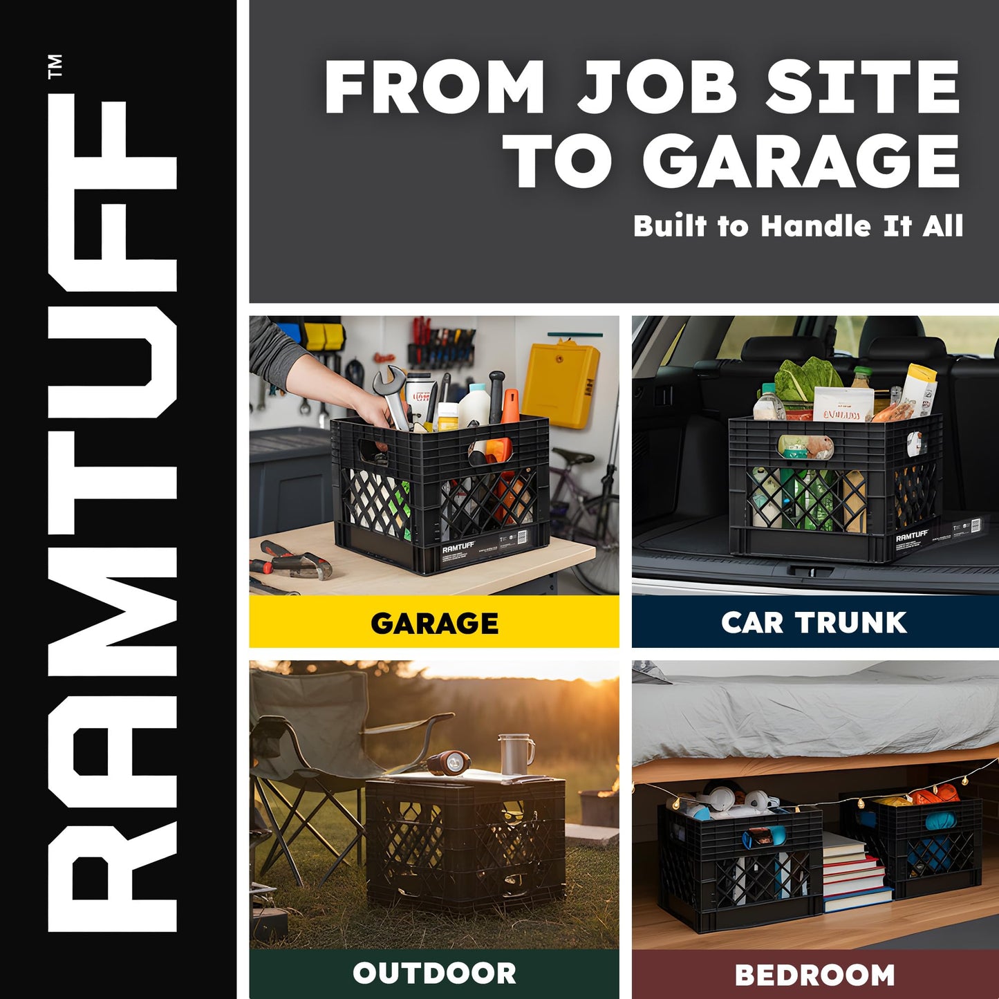 Ramtuff Authentic Milk Crate, 250lbs Load Capacity (BV Certified), Extreme Weather Tested -22°F to 122°F, Reinforced Handles, Stackable, Authentic Milk Crate Dimensions 13" L x 13" W x 11" H