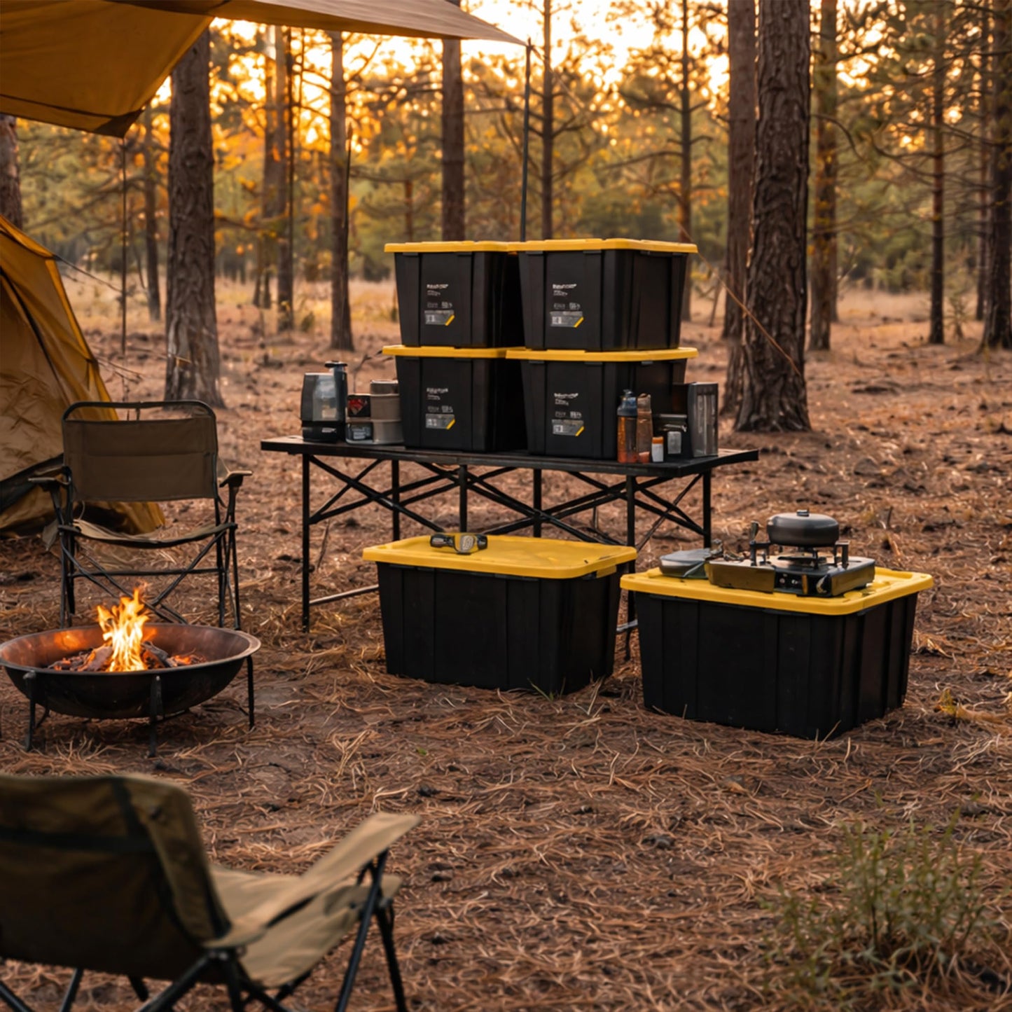Ramtuff Strong Box BLACK & YELLOW 27-Gallon Storage Bin with Snap-on Lid, Heavy Duty Plastic Storage Bins with Lid, Stackable (6 pcs)