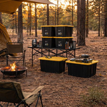 Ramtuff Strong Box BLACK & YELLOW 27-Gallon Storage Bin with Snap-on Lid, Heavy Duty Plastic Storage Bins with Lid, Stackable (6 pcs)
