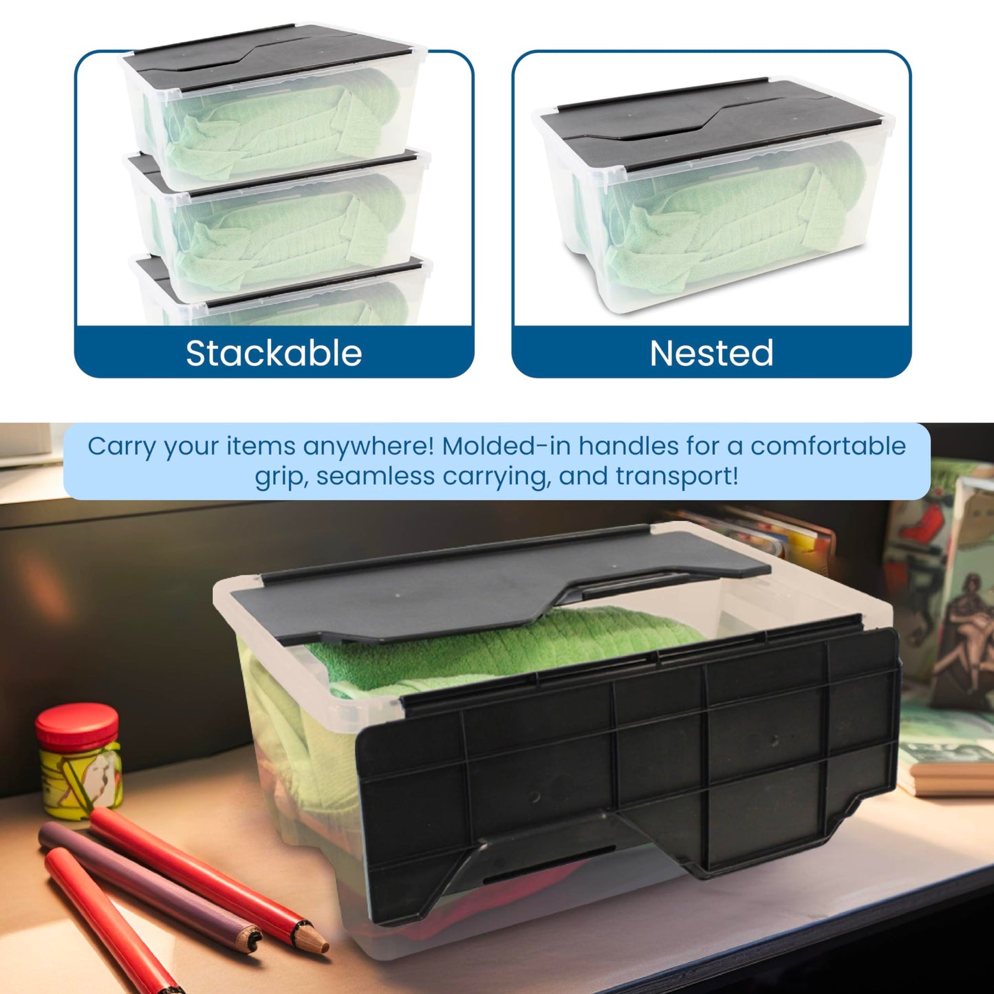 Organize-It! 6 Pack-Mini Flip-Top Tote 26L, Storage Bin with a Clear Plastic Base, Black Lid, Stackable, 18" L X 12" W X 8" H