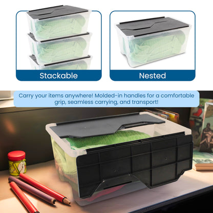 Organize-It! 6 Pack-Mini Flip-Top Tote 26L, Storage Bin with a Clear Plastic Base, Black Lid, Stackable, 18" L X 12" W X 8" H