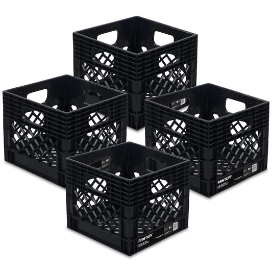 Ramtuff Authentic Milk Crate, 250lbs Load Capacity (BV Certified), Extreme Weather Tested -22°F to 122°F, Reinforced Handles, Stackable, Authentic Milk Crate Dimensions 13" L x 13" W x 11" H