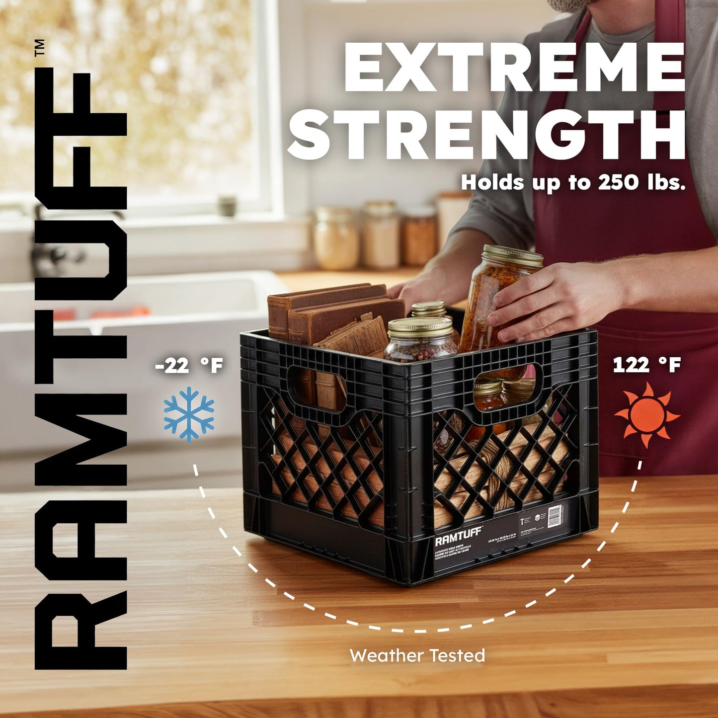 Ramtuff Authentic Milk Crate, 250lbs Load Capacity (BV Certified), Extreme Weather Tested -22°F to 122°F, Reinforced Handles, Stackable, Authentic Milk Crate Dimensions 13" L x 13" W x 11" H