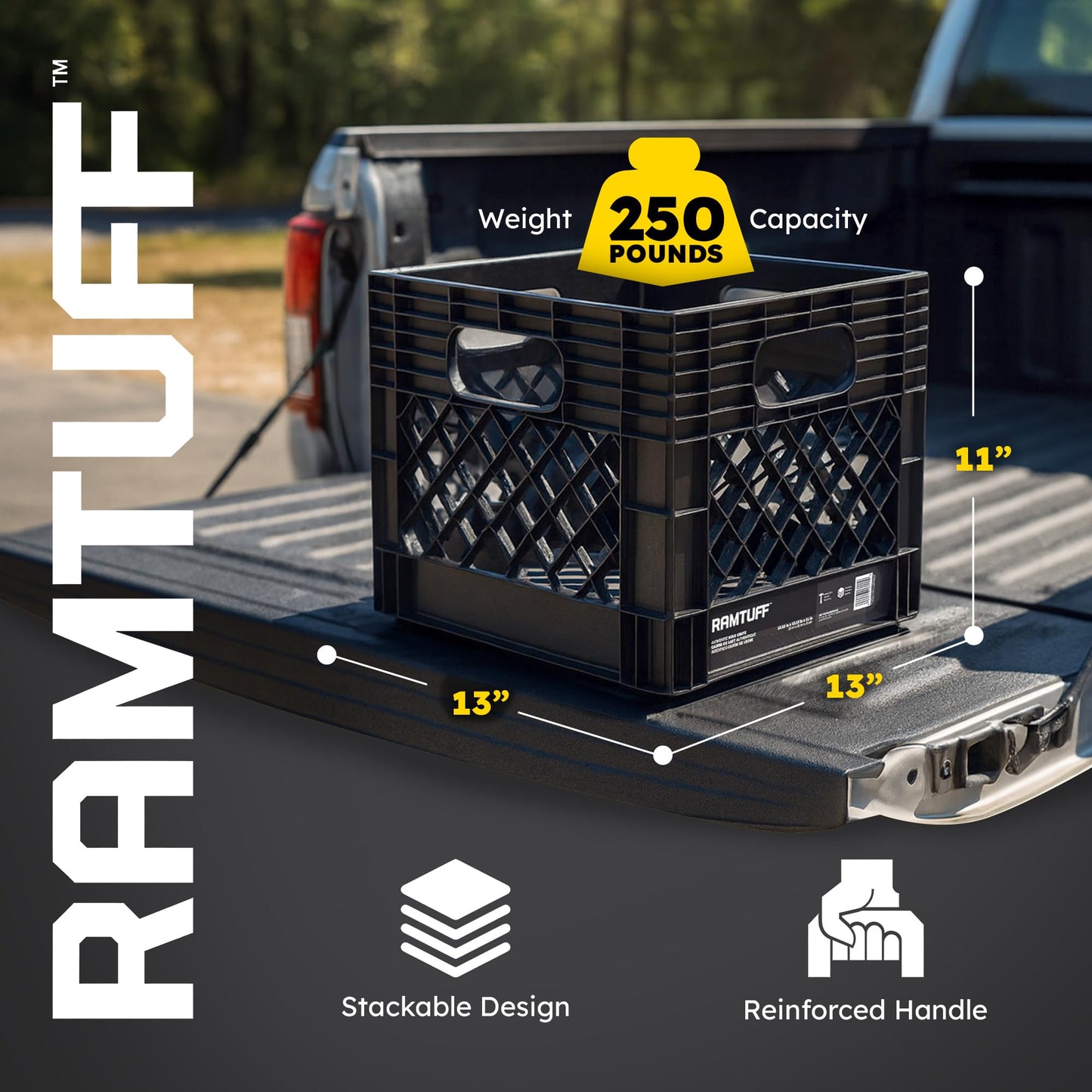 Ramtuff Authentic Milk Crate, 250lbs Load Capacity (BV Certified), Extreme Weather Tested -22°F to 122°F, Reinforced Handles, Stackable, Authentic Milk Crate Dimensions 13" L x 13" W x 11" H