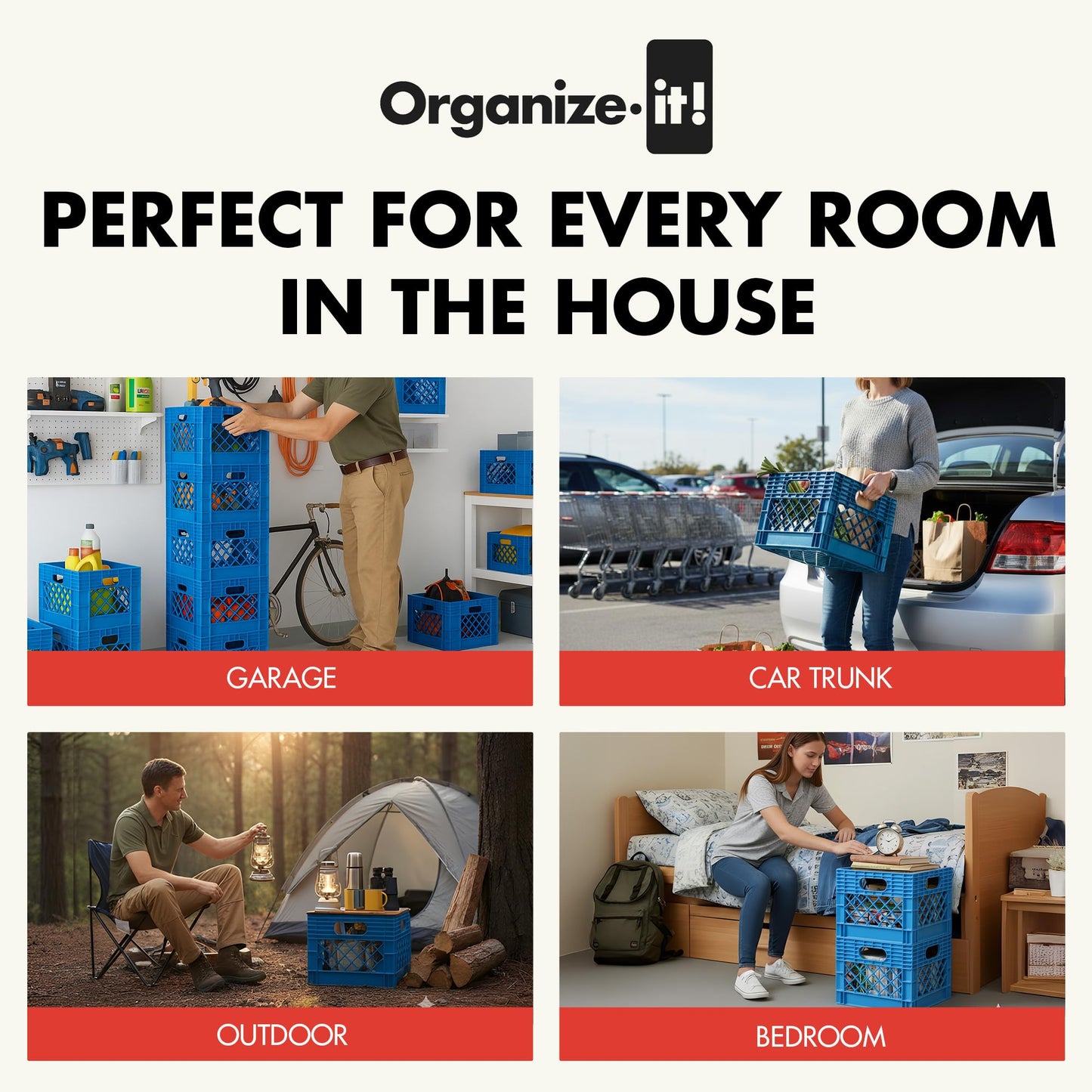 Organize-It! Authentic Milk Crate, 4 Pack - Heavy-Duty Storage Crate, Easy-Grip Handles, Versatile Storage Crate Box, Inside Dimensions 13”L x 13”W x 11”H