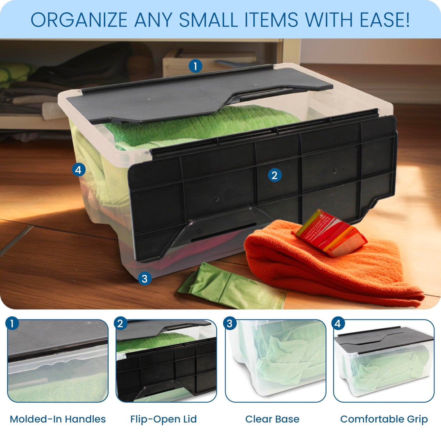 Organize-It! 6 Pack-Mini Flip-Top Tote 26L, Storage Bin with a Clear Plastic Base, Black Lid, Stackable, 18" L X 12" W X 8" H