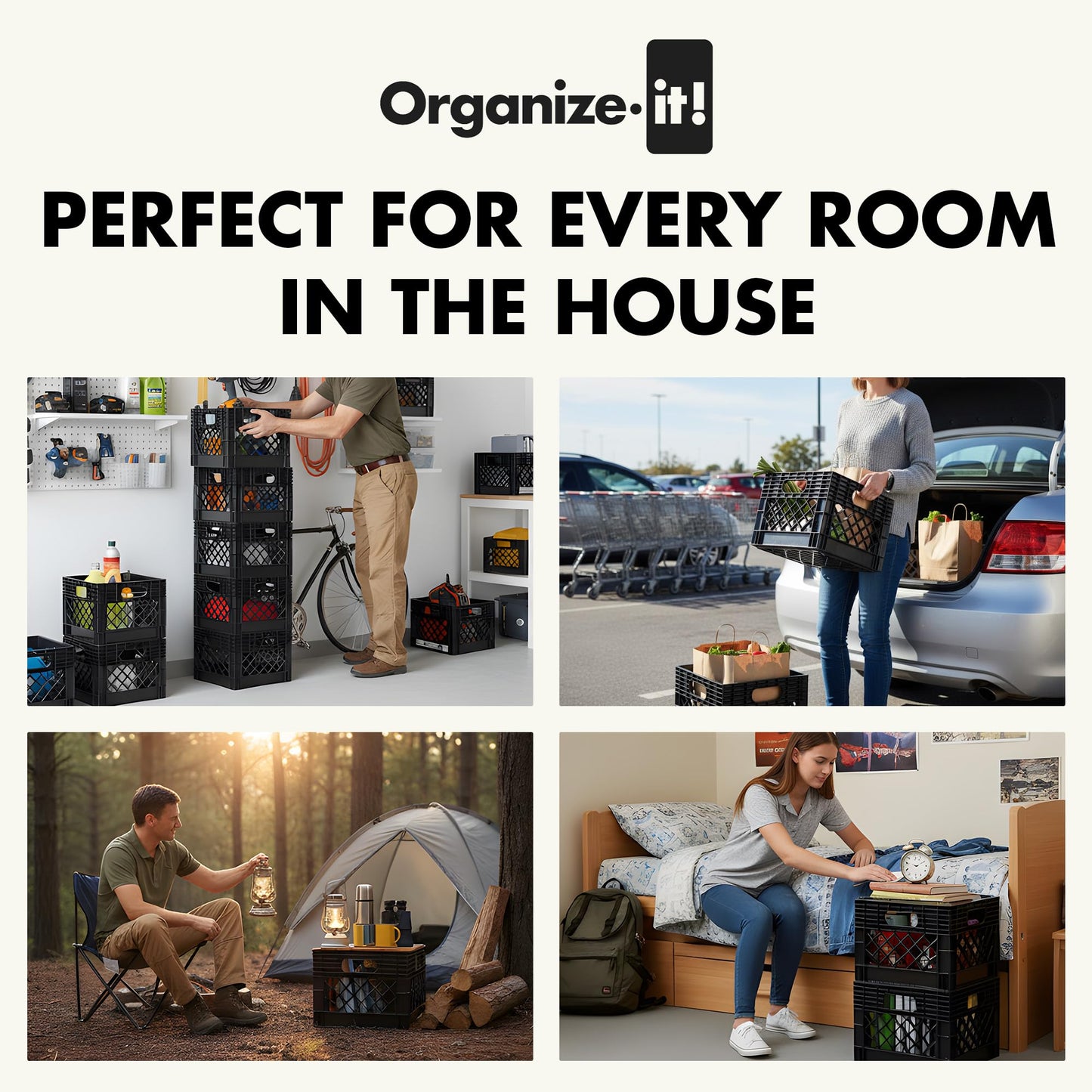 Organize-It! Authentic Milk Crate, 4 Pack - Heavy-Duty Storage Crate, Easy-Grip Handles, Versatile Storage Crate Box, Inside Dimensions 13”L x 13”W x 11”H
