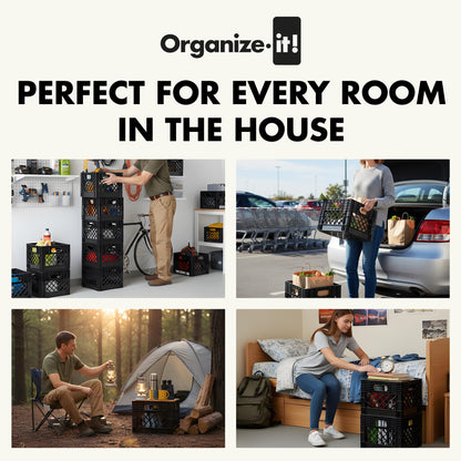 Organize-It! Authentic Milk Crate, 4 Pack - Heavy-Duty Storage Crate, Easy-Grip Handles, Versatile Storage Crate Box, Inside Dimensions 13”L x 13”W x 11”H