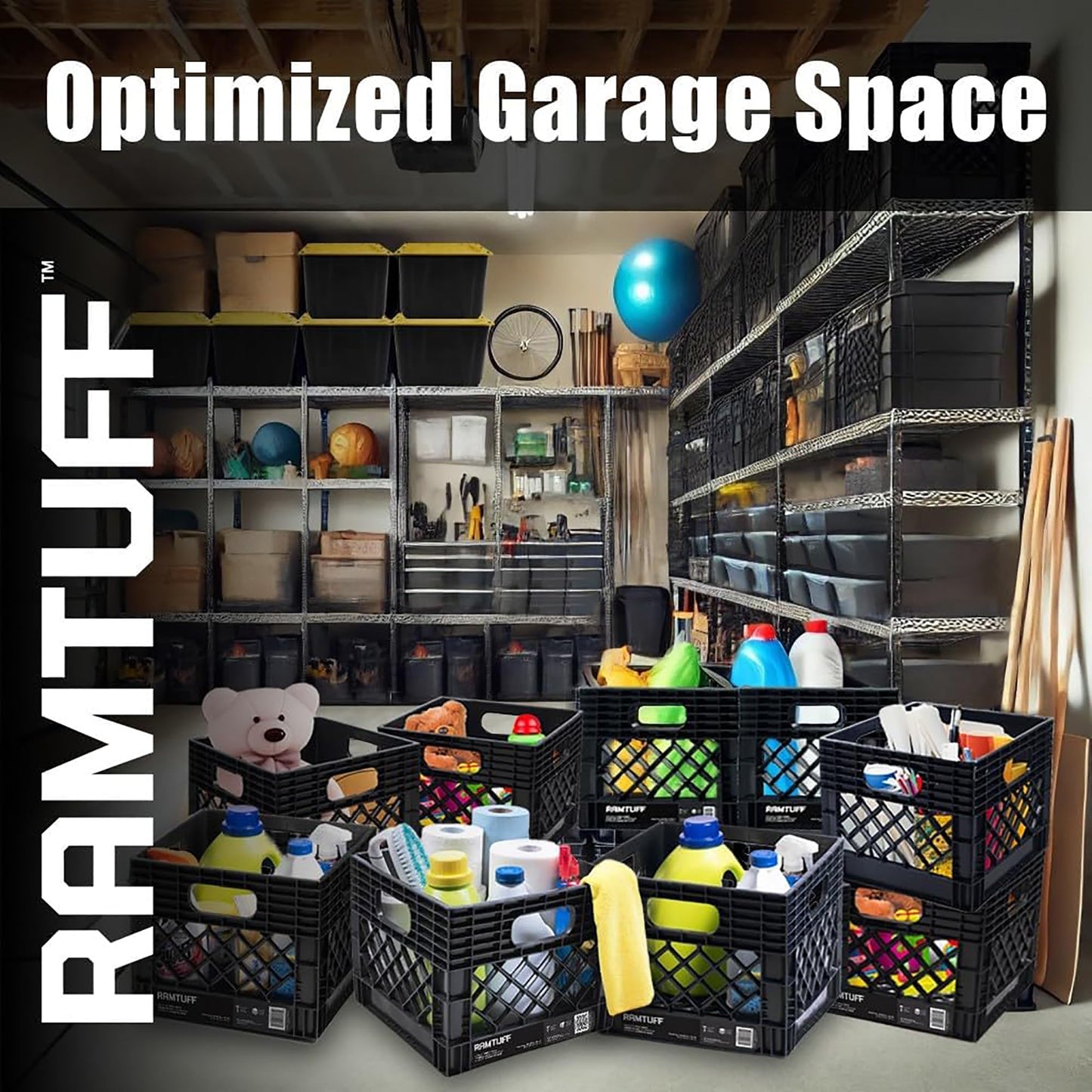 Ramtuff Authentic Milk Crate, 250lbs Load Capacity (BV Certified), Extreme Weather Tested -22°F to 122°F, Reinforced Handles, Stackable, Authentic Milk Crate Dimensions 13" L x 13" W x 11" H